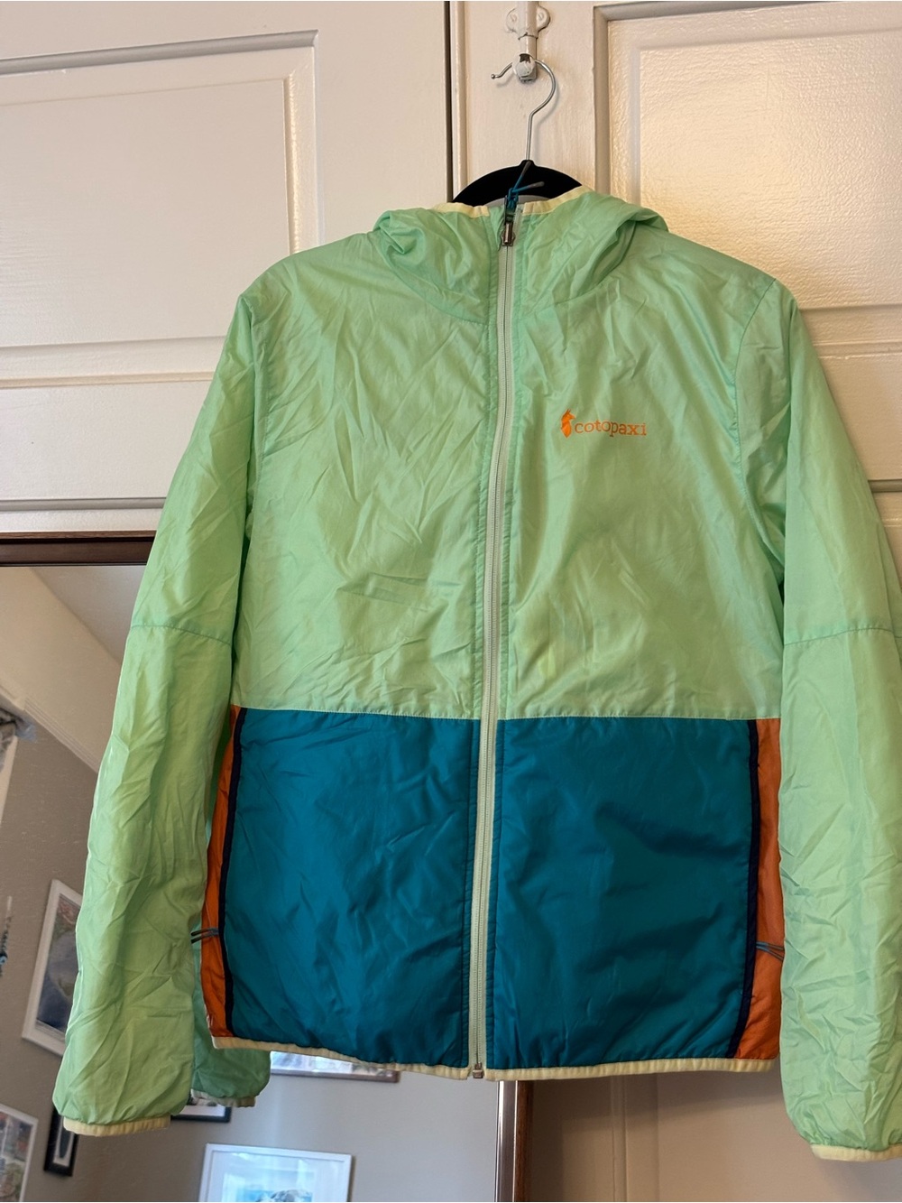 cotopaxi Colorblock Hooded Jacket in Light Green, Teal & Orange